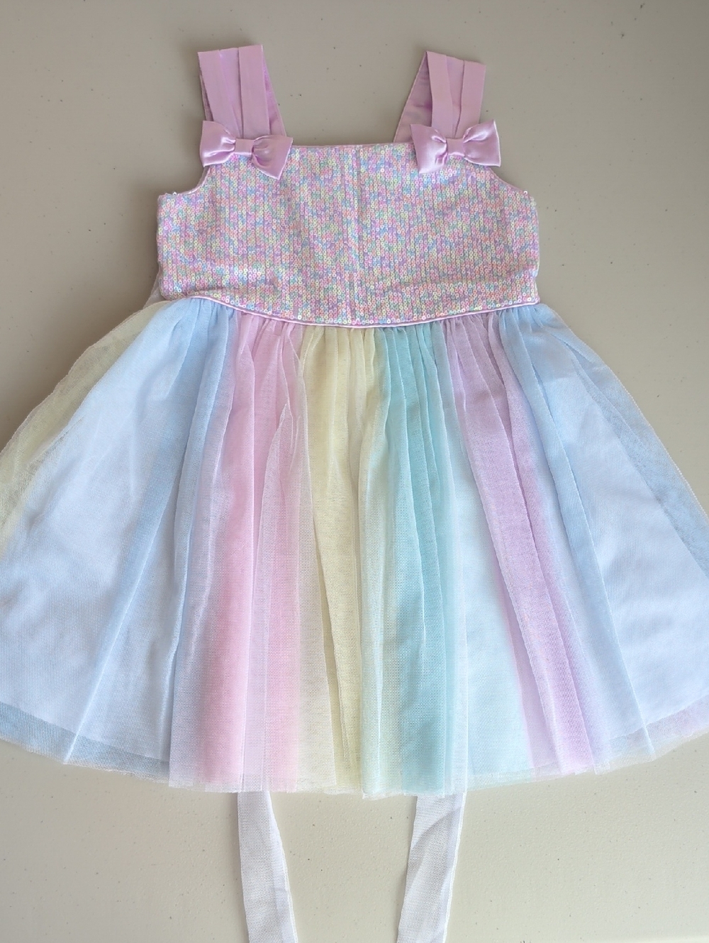 Jona Michelle Pastel Rainbow Tulle Dress with Pink Bow Straps
